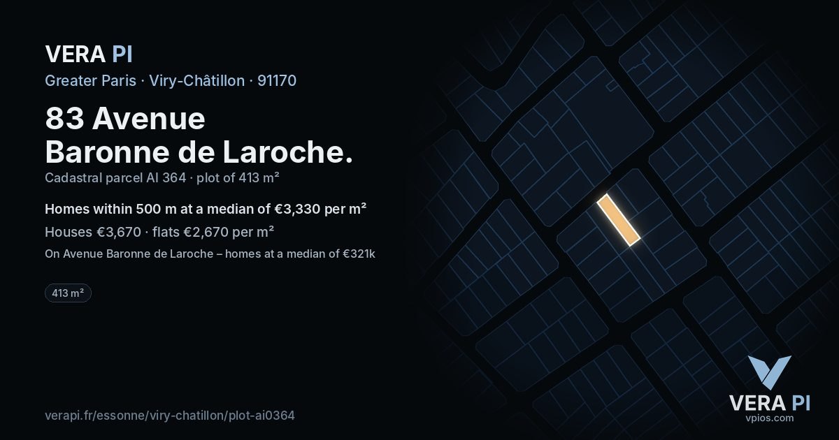 83 Avenue Baronne de Laroche, Viry-Châtillon at night – the plot lit, the parcels around coloured by the prices near them