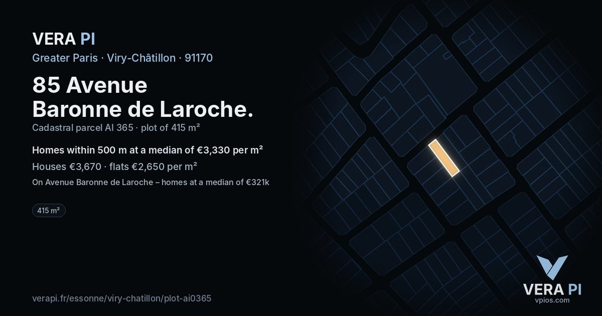 85 Avenue Baronne de Laroche, Viry-Châtillon at night – the plot lit, the parcels around coloured by the prices near them