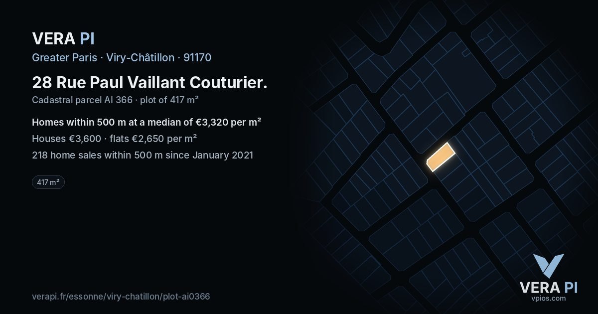 28 Rue Paul Vaillant Couturier, Viry-Châtillon at night – the plot lit, the parcels around coloured by the prices near them