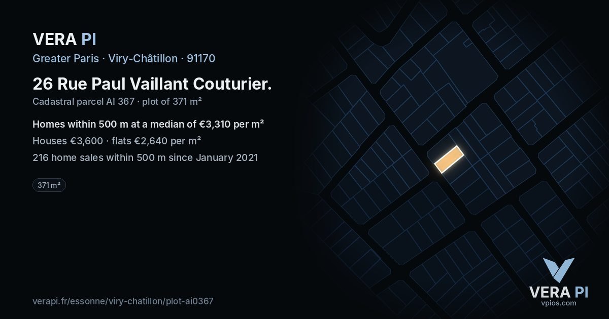 26 Rue Paul Vaillant Couturier, Viry-Châtillon at night – the plot lit, the parcels around coloured by the prices near them