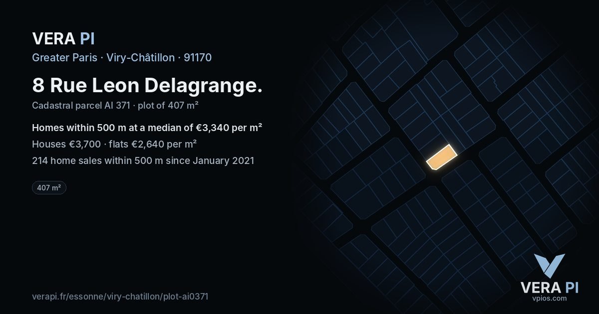 8 Rue Leon Delagrange, Viry-Châtillon at night – the plot lit, the parcels around coloured by the prices near them