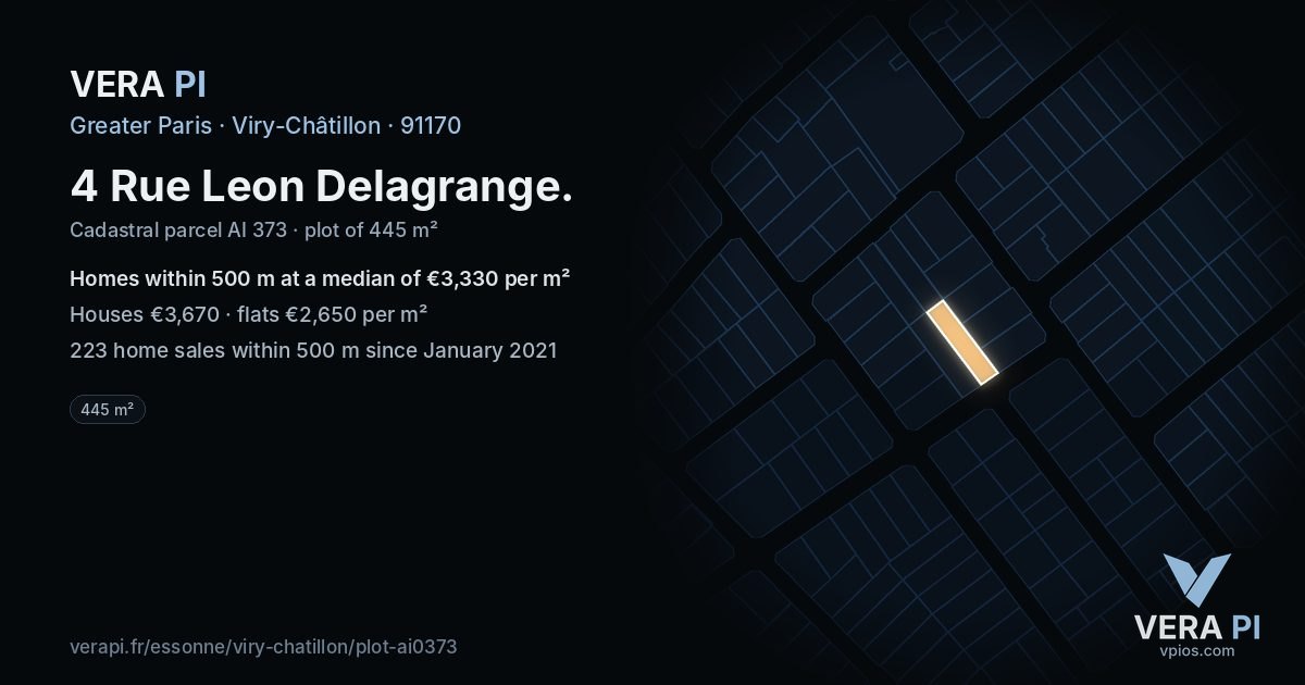 4 Rue Leon Delagrange, Viry-Châtillon at night – the plot lit, the parcels around coloured by the prices near them
