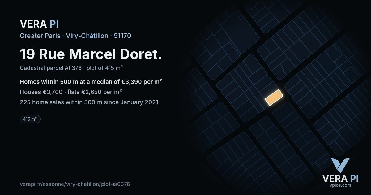 19 Rue Marcel Doret, Viry-Châtillon at night – the plot lit, the parcels around coloured by the prices near them