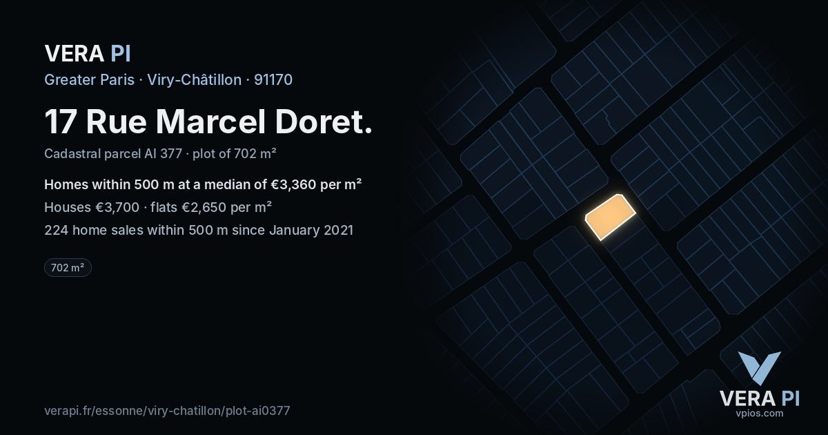 17 Rue Marcel Doret, Viry-Châtillon at night – the plot lit, the parcels around coloured by the prices near them