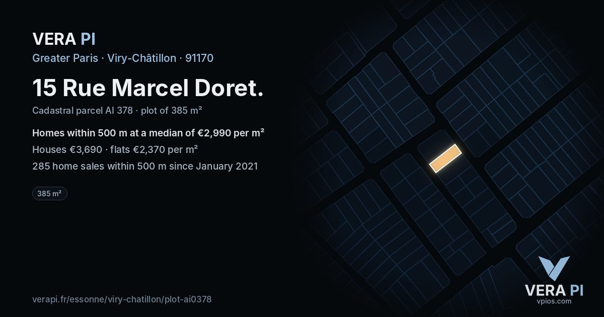 15 Rue Marcel Doret, Viry-Châtillon at night – the plot lit, the parcels around coloured by the prices near them