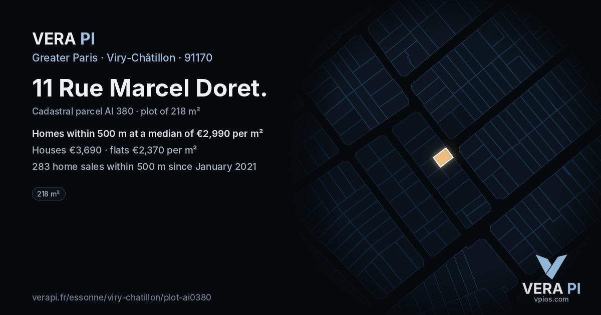 11 Rue Marcel Doret, Viry-Châtillon at night – the plot lit, the parcels around coloured by the prices near them
