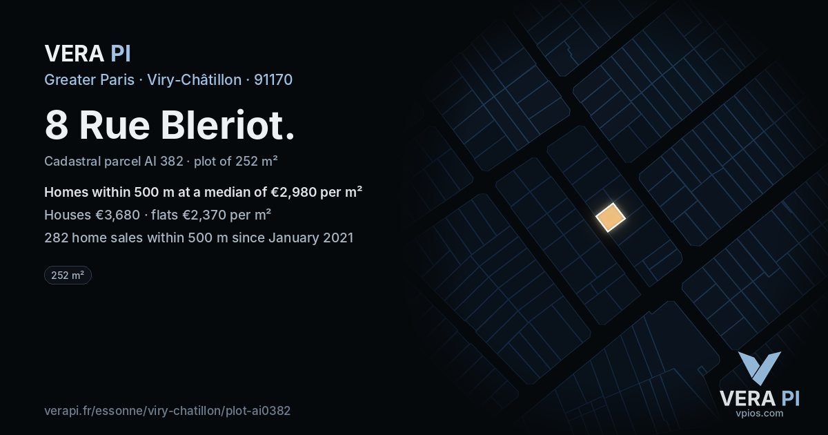 8 Rue Bleriot, Viry-Châtillon at night – the plot lit, the parcels around coloured by the prices near them