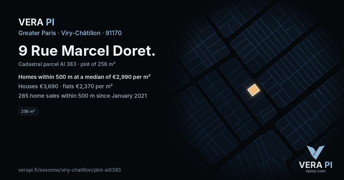9 Rue Marcel Doret, Viry-Châtillon at night – the plot lit, the parcels around coloured by the prices near them