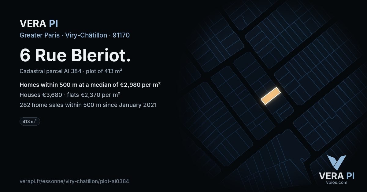 6 Rue Bleriot, Viry-Châtillon at night – the plot lit, the parcels around coloured by the prices near them