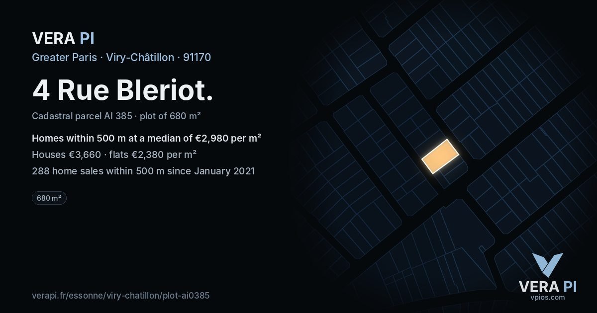 4 Rue Bleriot, Viry-Châtillon at night – the plot lit, the parcels around coloured by the prices near them