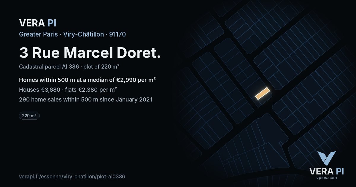 3 Rue Marcel Doret, Viry-Châtillon at night – the plot lit, the parcels around coloured by the prices near them