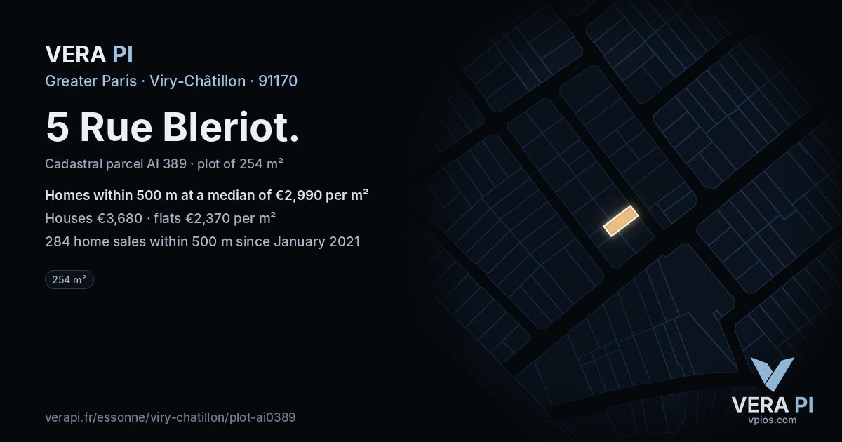 5 Rue Bleriot, Viry-Châtillon at night – the plot lit, the parcels around coloured by the prices near them