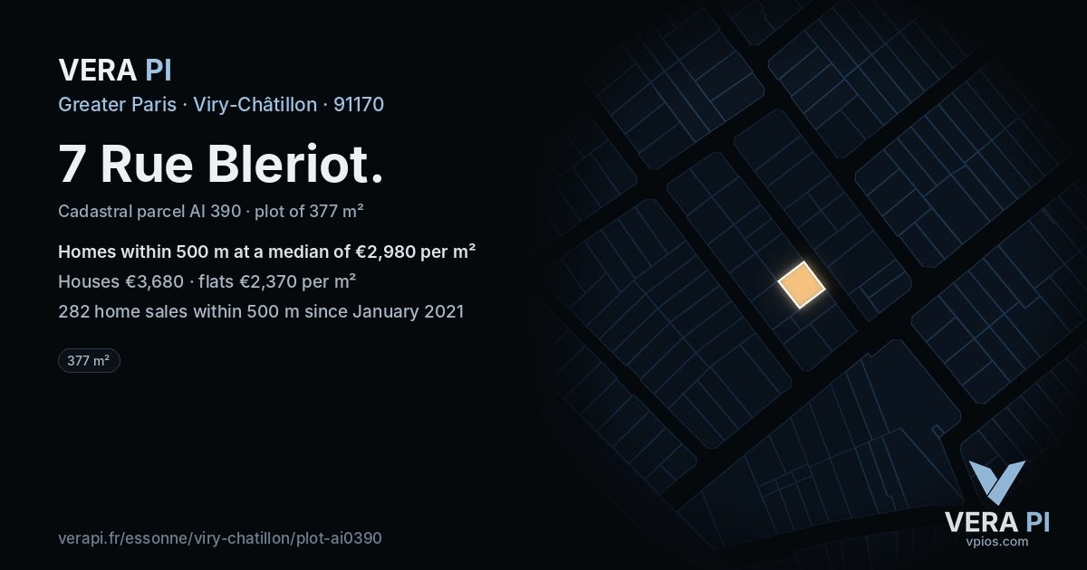 7 Rue Bleriot, Viry-Châtillon at night – the plot lit, the parcels around coloured by the prices near them