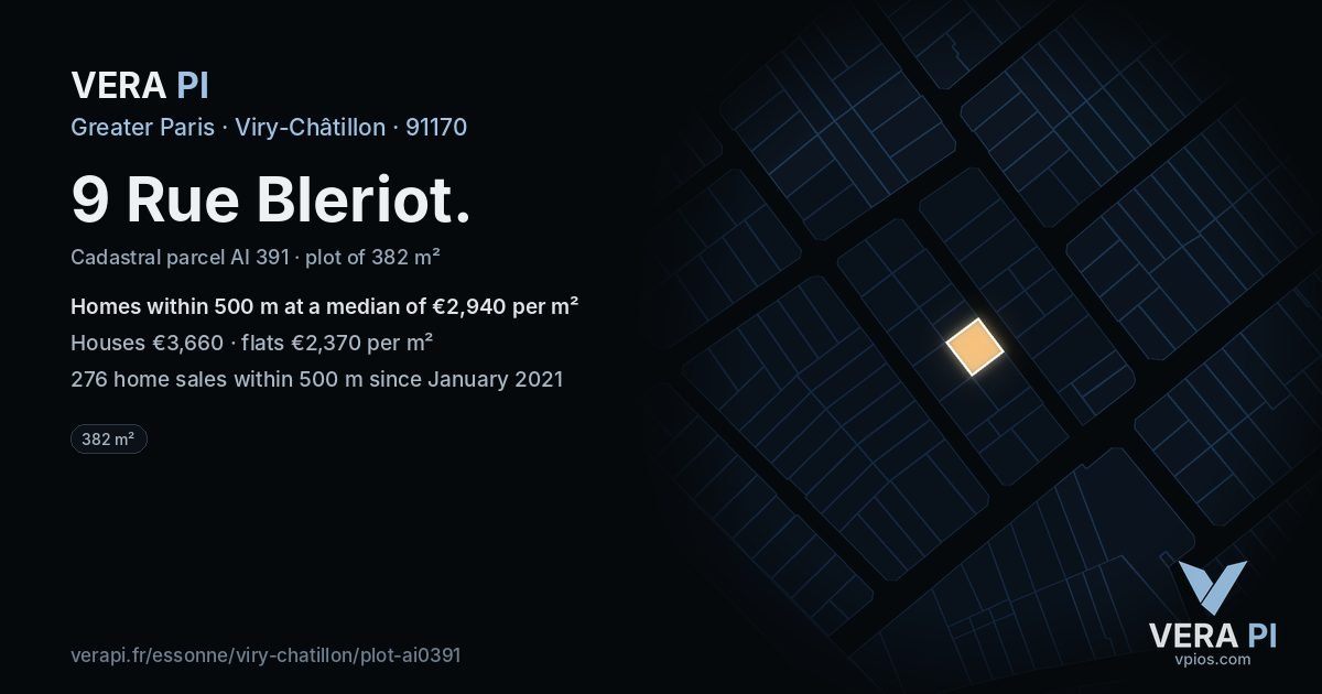 9 Rue Bleriot, Viry-Châtillon at night – the plot lit, the parcels around coloured by the prices near them