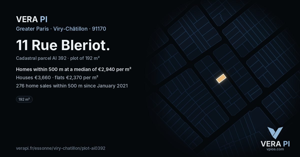 11 Rue Bleriot, Viry-Châtillon at night – the plot lit, the parcels around coloured by the prices near them