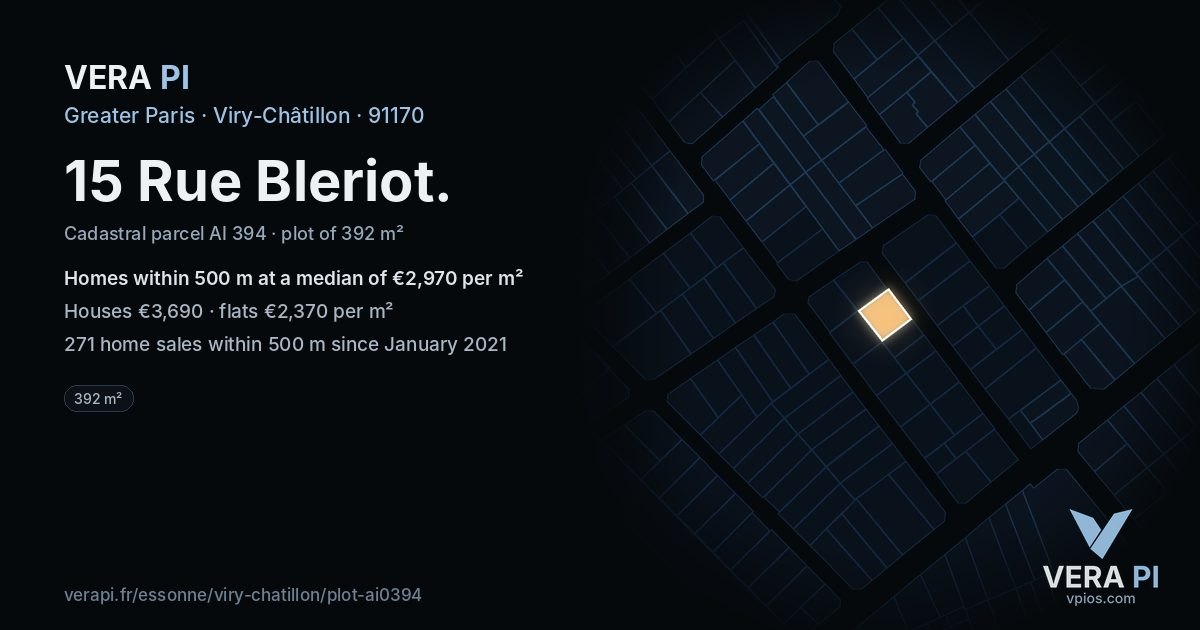15 Rue Bleriot, Viry-Châtillon at night – the plot lit, the parcels around coloured by the prices near them