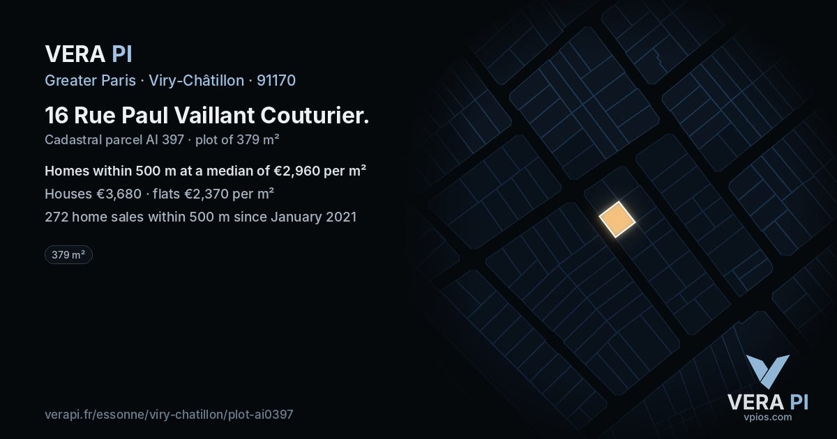 16 Rue Paul Vaillant Couturier, Viry-Châtillon at night – the plot lit, the parcels around coloured by the prices near them