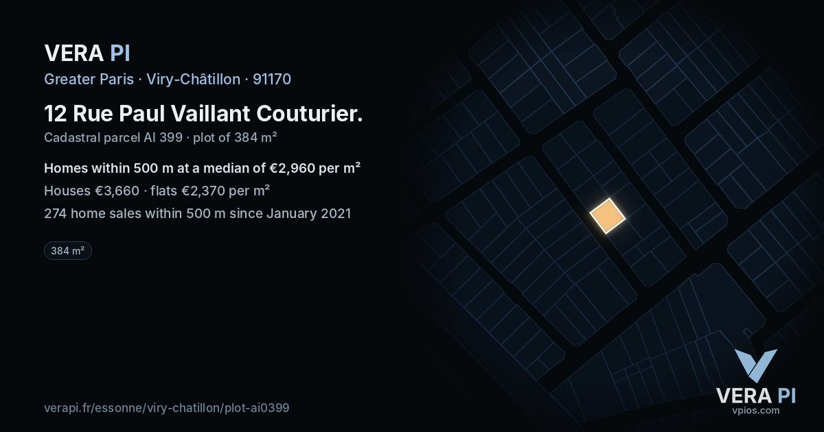 12 Rue Paul Vaillant Couturier, Viry-Châtillon at night – the plot lit, the parcels around coloured by the prices near them