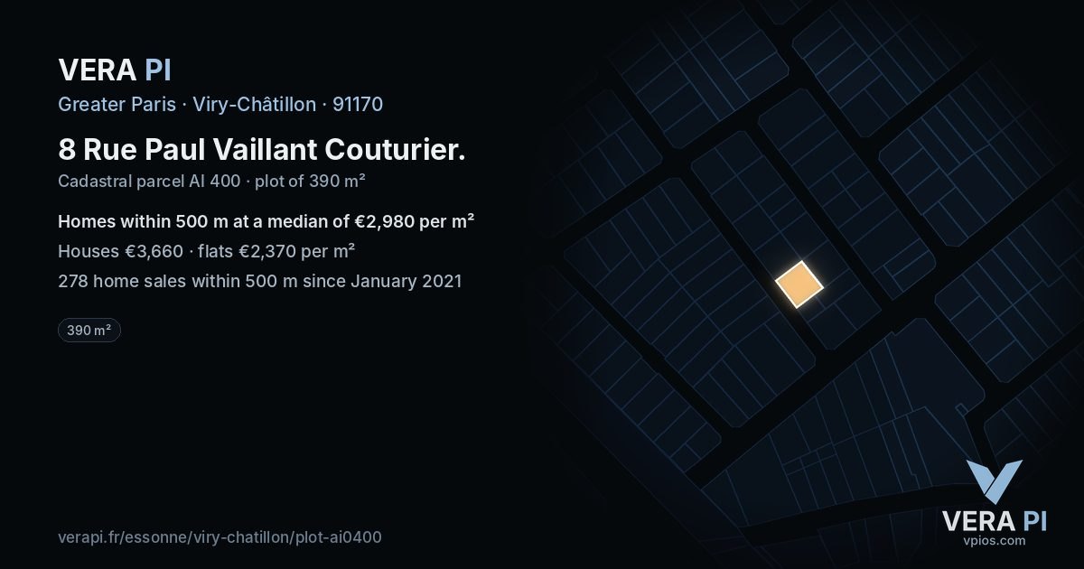8 Rue Paul Vaillant Couturier, Viry-Châtillon at night – the plot lit, the parcels around coloured by the prices near them