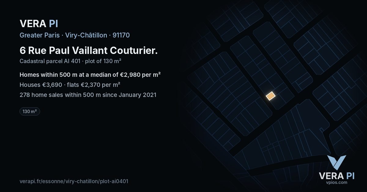 6 Rue Paul Vaillant Couturier, Viry-Châtillon at night – the plot lit, the parcels around coloured by the prices near them
