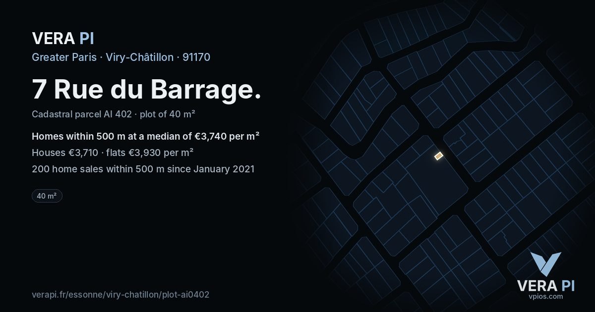 7 Rue du Barrage, Viry-Châtillon at night – the plot lit, the parcels around coloured by the prices near them