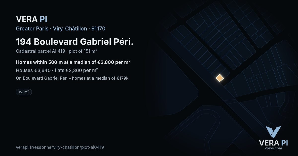 194 Boulevard Gabriel Péri, Viry-Châtillon at night – the plot lit, the parcels around coloured by the prices near them