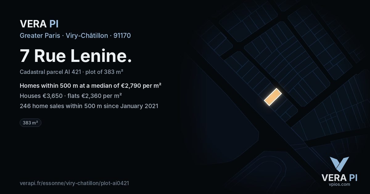 7 Rue Lenine, Viry-Châtillon at night – the plot lit, the parcels around coloured by the prices near them