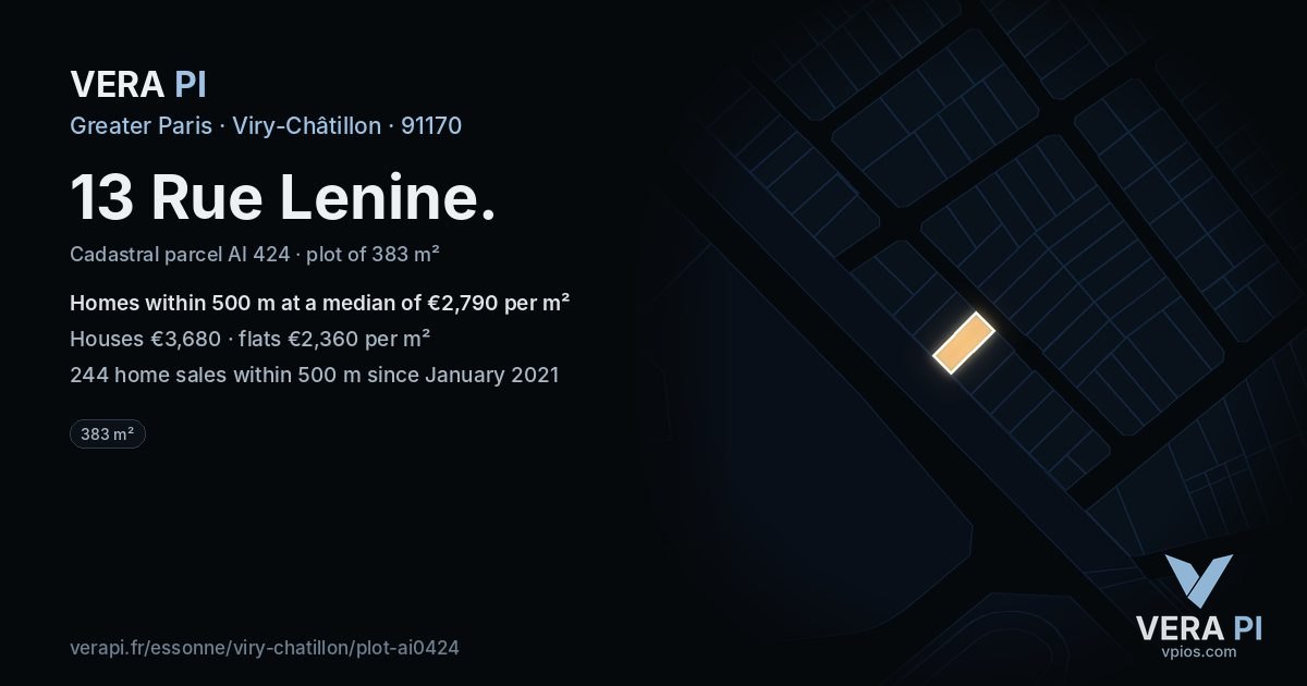 13 Rue Lenine, Viry-Châtillon at night – the plot lit, the parcels around coloured by the prices near them