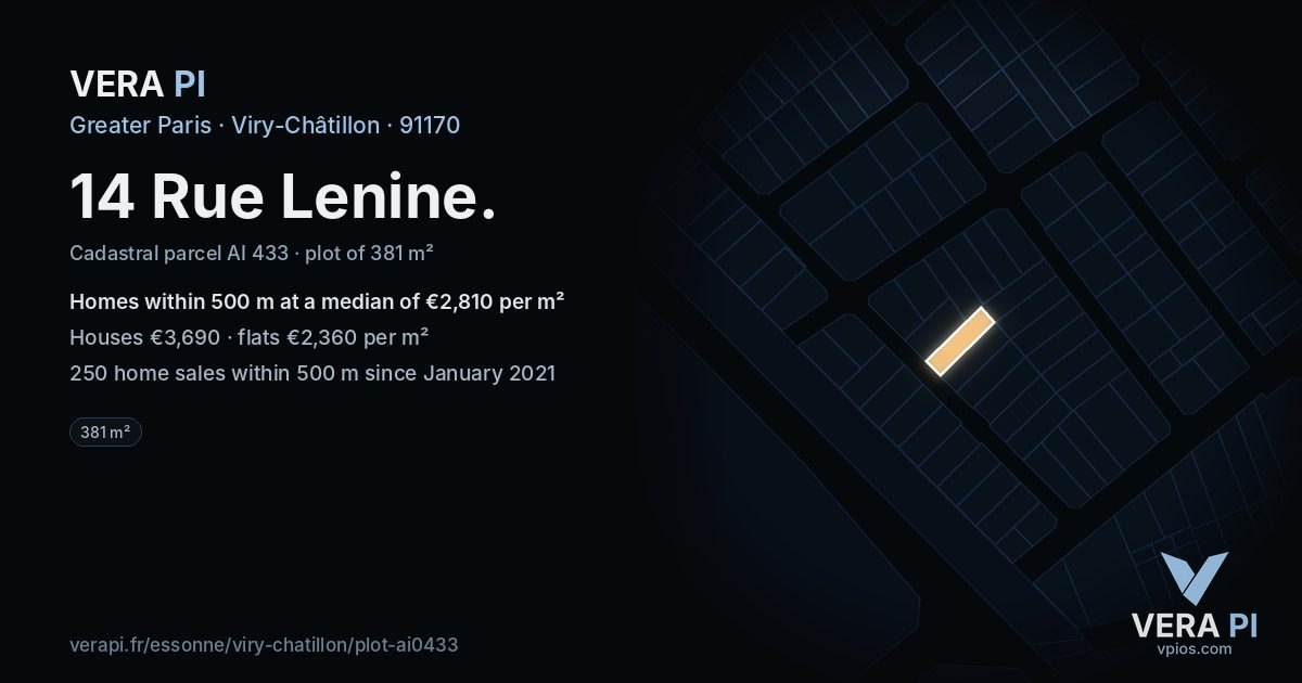 14 Rue Lenine, Viry-Châtillon at night – the plot lit, the parcels around coloured by the prices near them