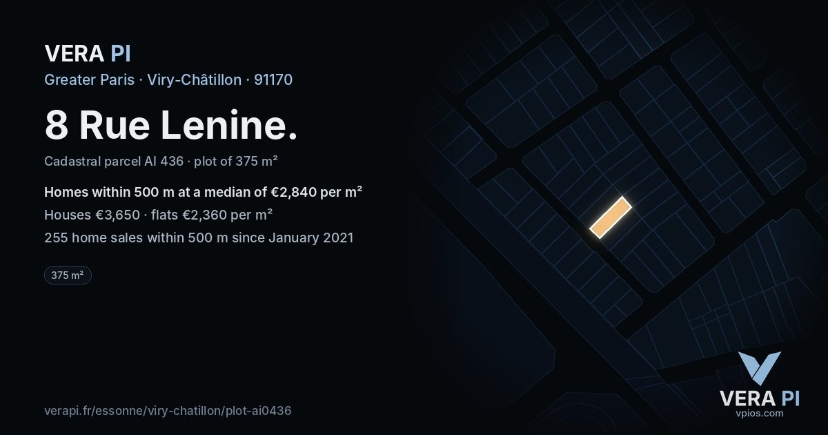 8 Rue Lenine, Viry-Châtillon at night – the plot lit, the parcels around coloured by the prices near them
