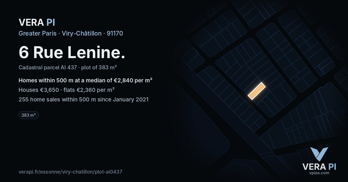 6 Rue Lenine, Viry-Châtillon at night – the plot lit, the parcels around coloured by the prices near them