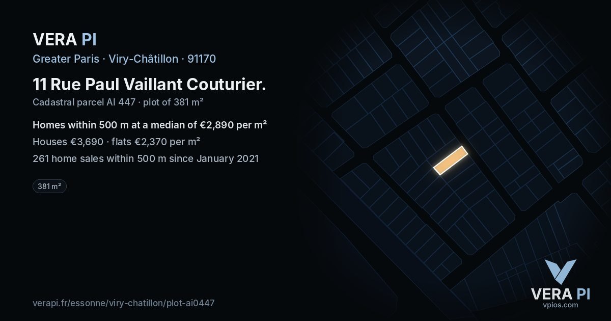 11 Rue Paul Vaillant Couturier, Viry-Châtillon at night – the plot lit, the parcels around coloured by the prices near them