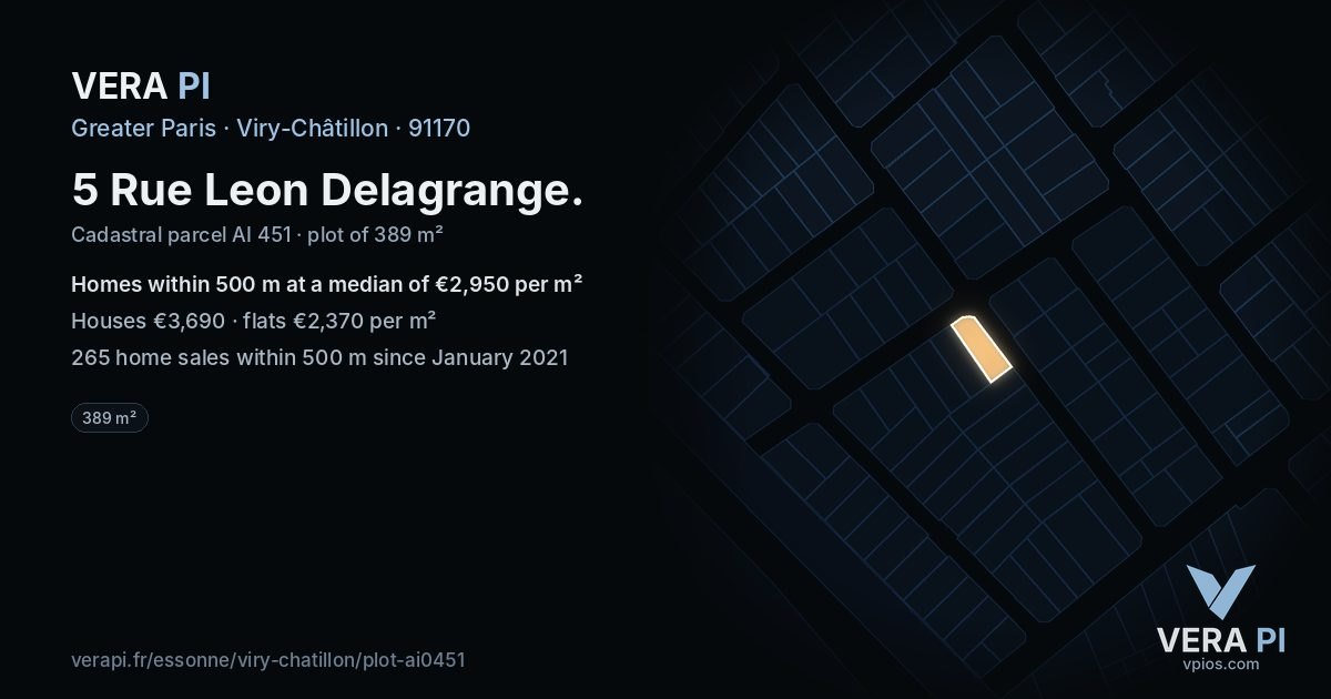 5 Rue Leon Delagrange, Viry-Châtillon at night – the plot lit, the parcels around coloured by the prices near them