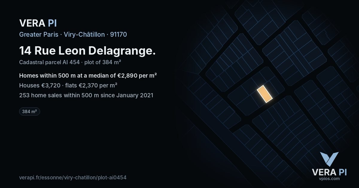 14 Rue Leon Delagrange, Viry-Châtillon at night – the plot lit, the parcels around coloured by the prices near them