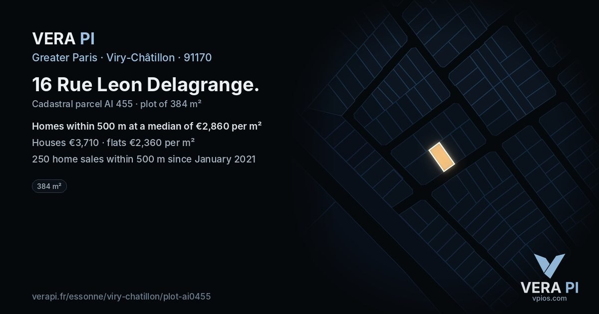 16 Rue Leon Delagrange, Viry-Châtillon at night – the plot lit, the parcels around coloured by the prices near them
