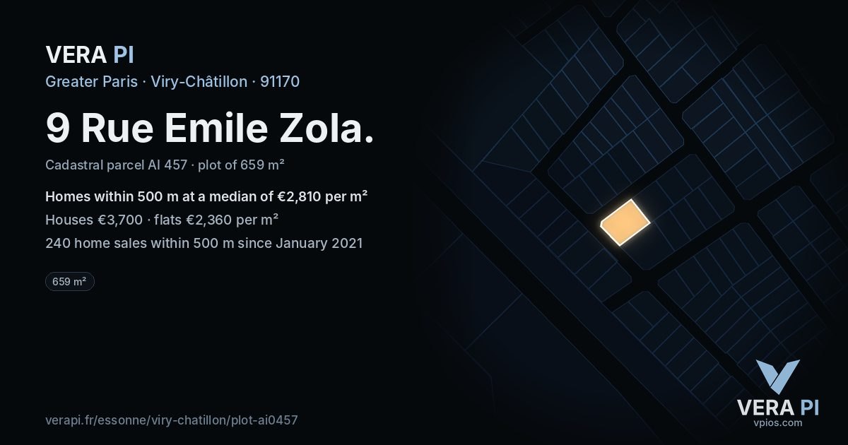 9 Rue Emile Zola, Viry-Châtillon at night – the plot lit, the parcels around coloured by the prices near them