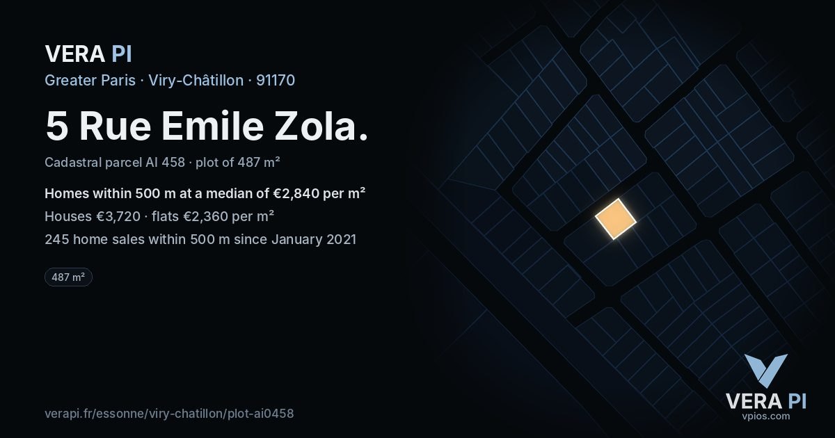 5 Rue Emile Zola, Viry-Châtillon at night – the plot lit, the parcels around coloured by the prices near them