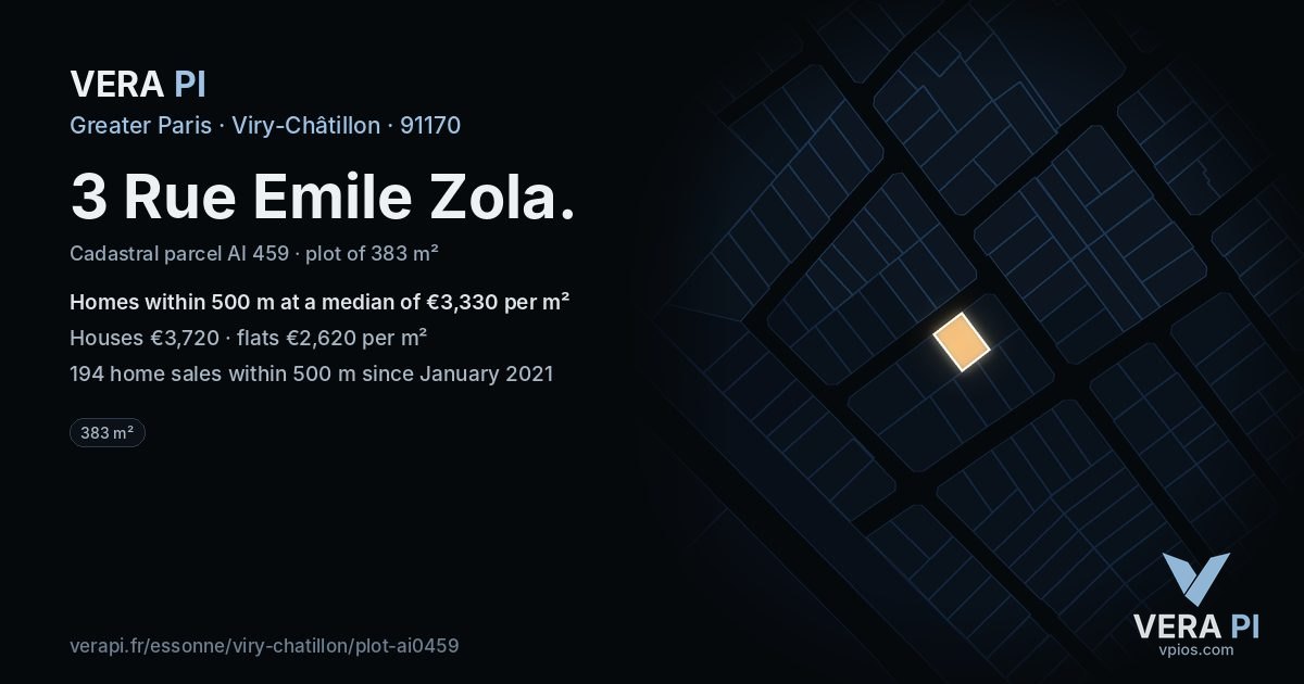 3 Rue Emile Zola, Viry-Châtillon at night – the plot lit, the parcels around coloured by the prices near them