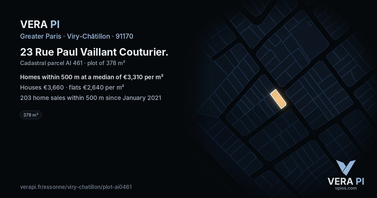 23 Rue Paul Vaillant Couturier, Viry-Châtillon at night – the plot lit, the parcels around coloured by the prices near them