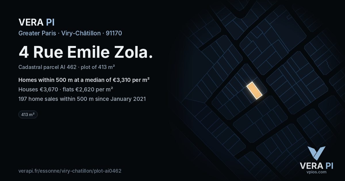 4 Rue Emile Zola, Viry-Châtillon at night – the plot lit, the parcels around coloured by the prices near them