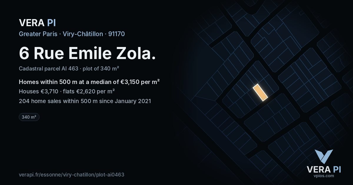 6 Rue Emile Zola, Viry-Châtillon at night – the plot lit, the parcels around coloured by the prices near them