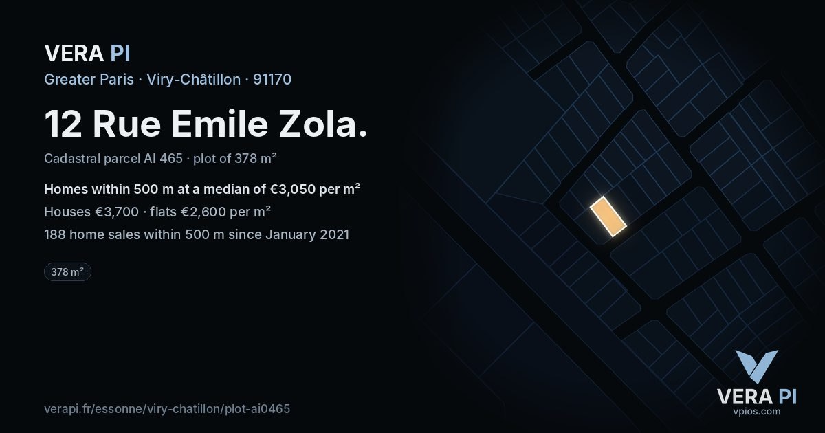 12 Rue Emile Zola, Viry-Châtillon at night – the plot lit, the parcels around coloured by the prices near them