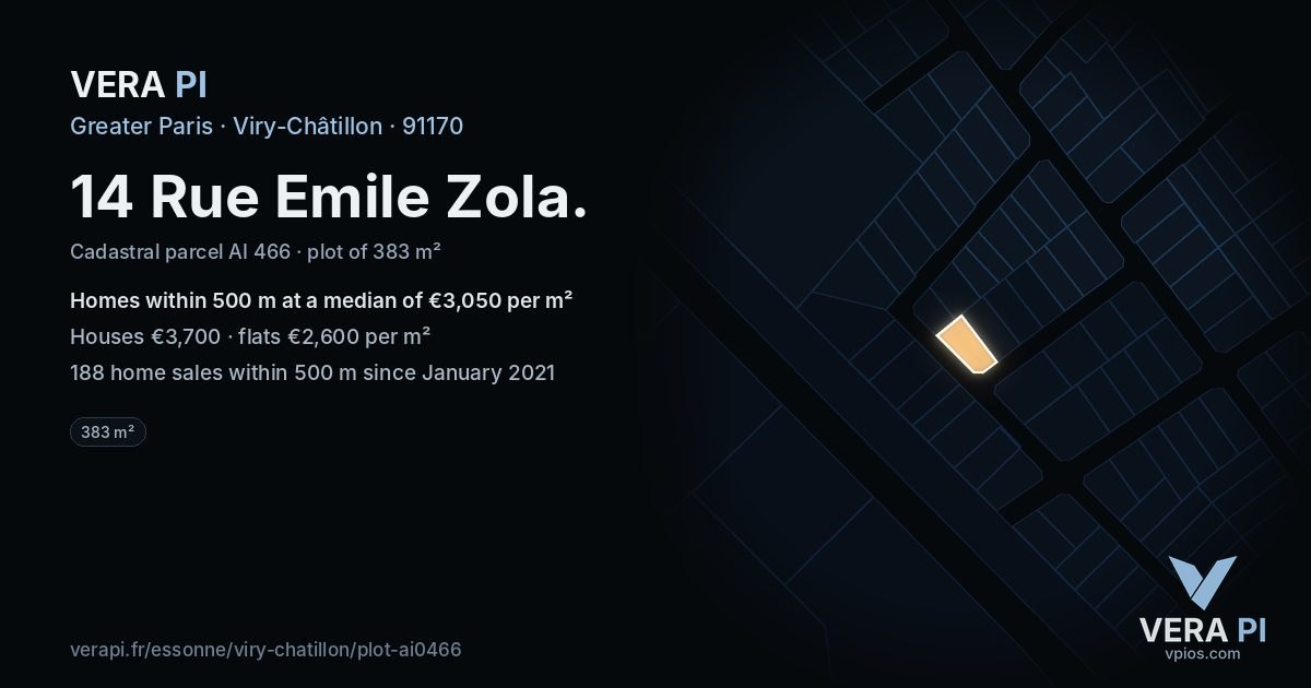 14 Rue Emile Zola, Viry-Châtillon at night – the plot lit, the parcels around coloured by the prices near them