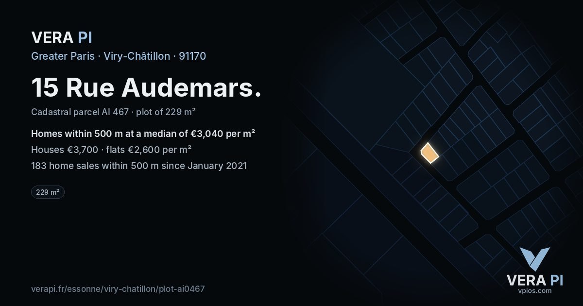 15 Rue Audemars, Viry-Châtillon at night – the plot lit, the parcels around coloured by the prices near them