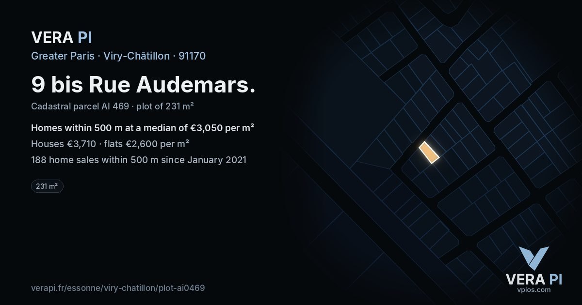 9 bis Rue Audemars, Viry-Châtillon at night – the plot lit, the parcels around coloured by the prices near them