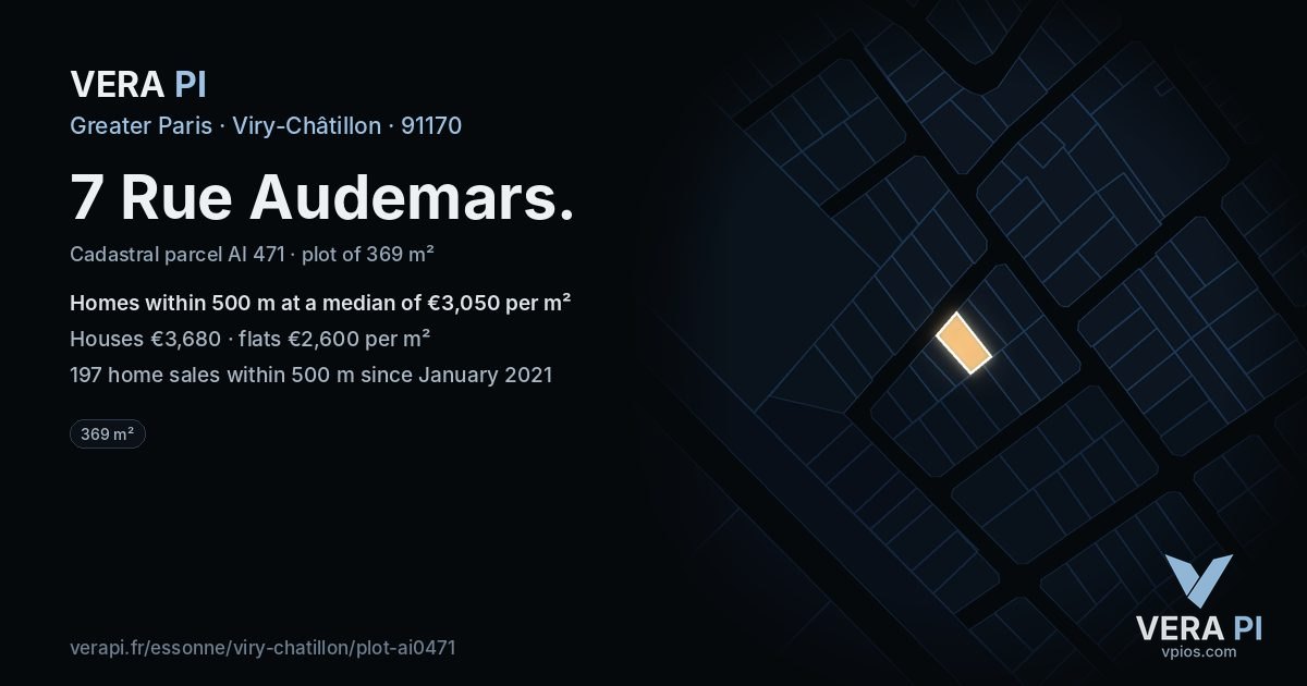 7 Rue Audemars, Viry-Châtillon at night – the plot lit, the parcels around coloured by the prices near them