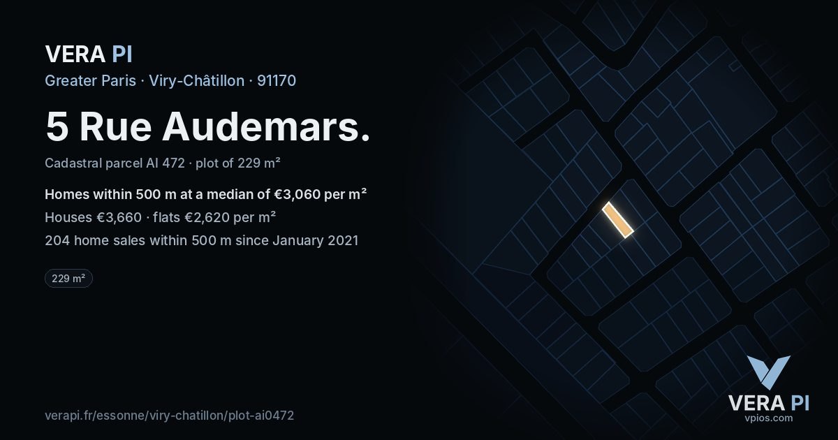 5 Rue Audemars, Viry-Châtillon at night – the plot lit, the parcels around coloured by the prices near them