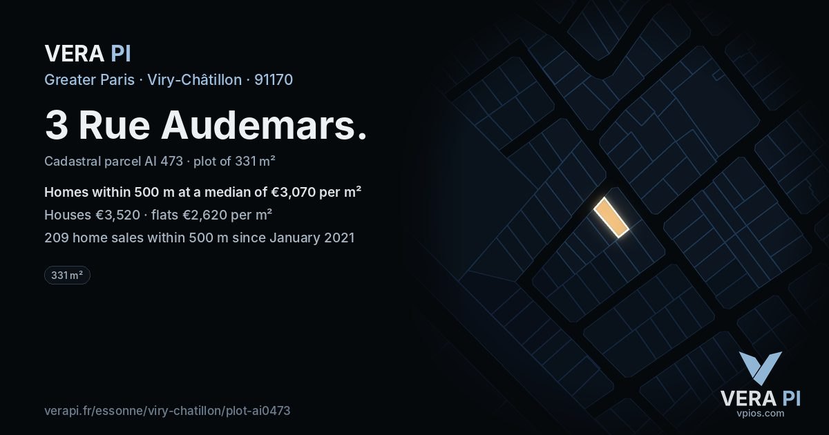 3 Rue Audemars, Viry-Châtillon at night – the plot lit, the parcels around coloured by the prices near them