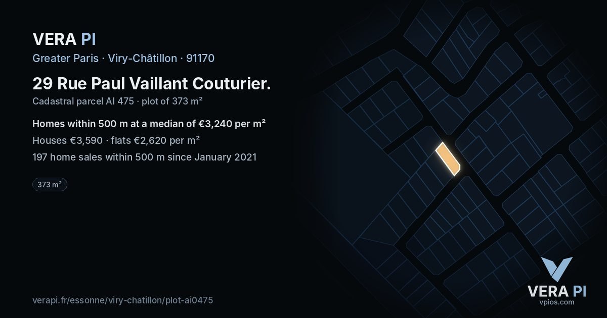 29 Rue Paul Vaillant Couturier, Viry-Châtillon at night – the plot lit, the parcels around coloured by the prices near them