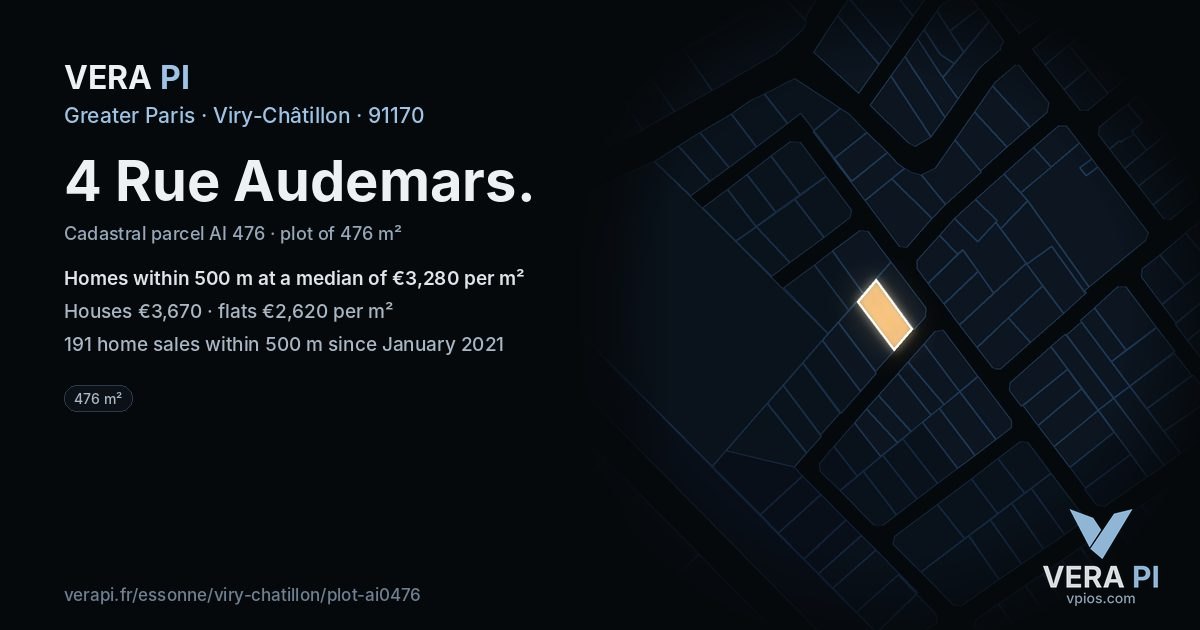 4 Rue Audemars, Viry-Châtillon at night – the plot lit, the parcels around coloured by the prices near them